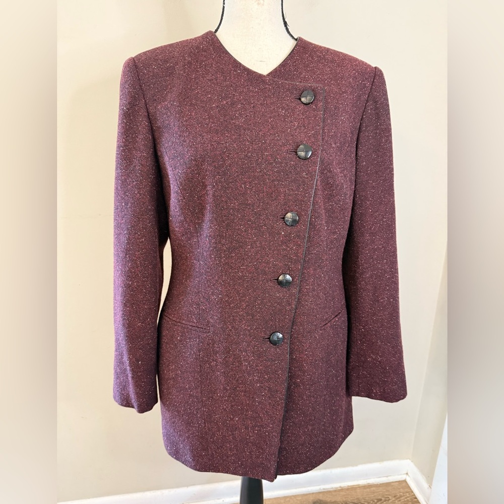 Jones New York wool blend burgundy tweed long line suit jacket SZ 12